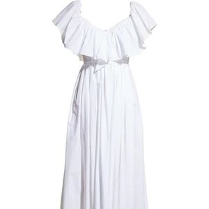 2022 NWT $1590 Adam Lippes Made USA Large White Cotton Midi Dress Ruffled V Neck